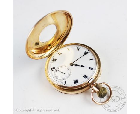 A 9ct gold half hunter pocket watch, the blue enamelled Roman numeral chapter ring enclosing a white enamel dial with black R