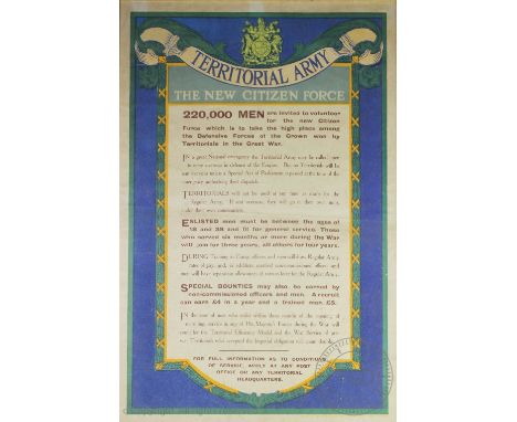 An early 20th century Territorial Army recruitment poster 'Territorial Army The new Citizen Force', with presumed artist name