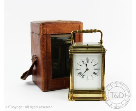 A late 19th century hour repeating brass carriage clock by Henri Jacot, Roman numeral dial with movement striking on a gong f