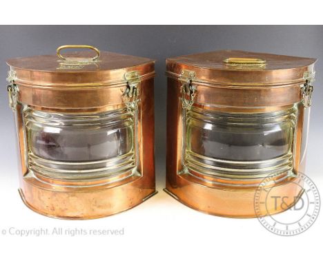 A pair of Seahorse copper and brass ships lanterns converted to lamps, for Port and Starboard, with brass labels and makers l