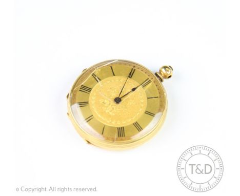 A late 19th century continental '18K' gold fob watch, floral engraved dial with Roman numeral chapter ring, (glass cracked), 