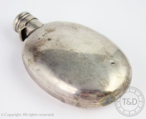 A Victorian silver oval hip flask Sampson Mordan & Co, London 1887, of concave form and bayonet cap, gross weight 6.3ozt, 15c