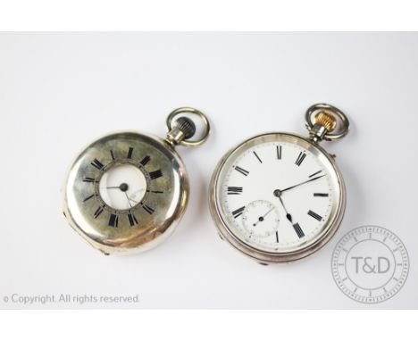 A Continental '935' standard silver cased half hunter pocket watch, the white enamel dial with black Roman numerals and subsi