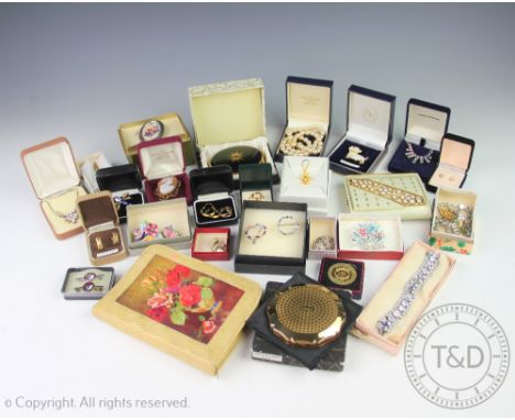 A collection of assorted vintage, costume and other jewellery to include, a cameo brooch, compacts, necklaces, earrings, mani