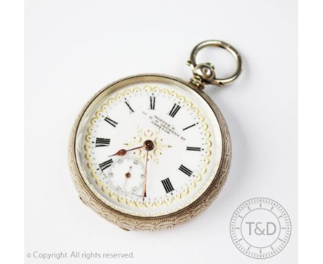 A Continental silver cased fob watch, the white enamel dial with pink blush centre, black Roman numerals and gilt detail, sub