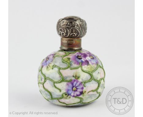 A George V silver mounted porcelain scent bottle, M Bros, Birmingham 1912, the globular body enamelled with purple blooms and