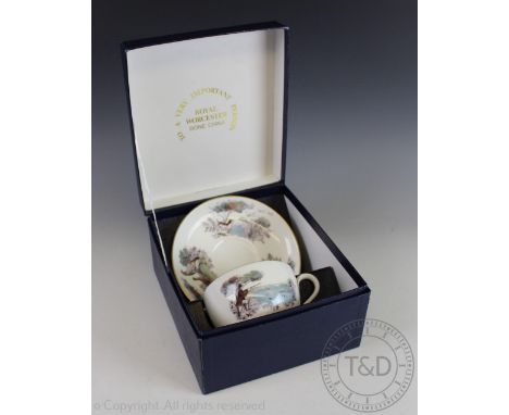 A Royal Worcester breakfast cup and saucer, printed with a shooting scene, boxed and a Royal Brierley Gentleman's shaving set