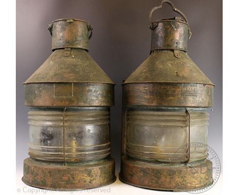 A pair of Meteorite copper and brass vintage ships lanterns, both with labels for 'Masthead' and numbered C27544 and C27545, 