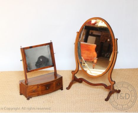 A 19th century mahogany bow front dressing table mirror, with one drawer, on ogee bracket feet, 53cm H x 43cm W, with an inla