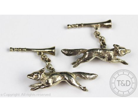 A pair of silver hunting interest cufflinks, James Biggins, Sheffield, each designed as a running fox and a hunting horn join