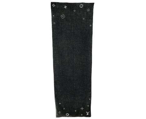LOUIS VUITTON Schal "MONTE CARLO". 100% Kaschmir in Schwarz mit Logo und Logoblüten aus Strass. Box anbei. Guter Erhaltungszu