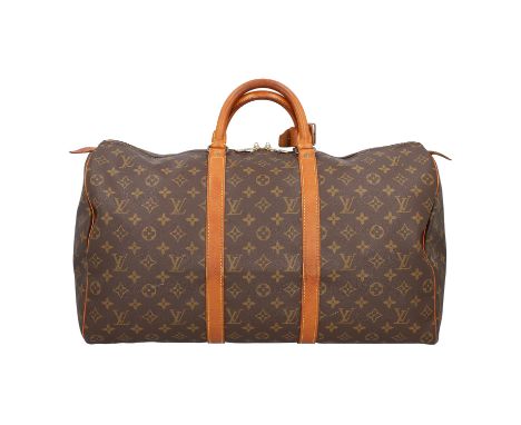 LOUIS VUITTON VINTAGE Weekender "KEEPALL 50". Koll. 1988. Monogram Canvas Serie mit naturbelassenem Leder und goldfarbener Ha