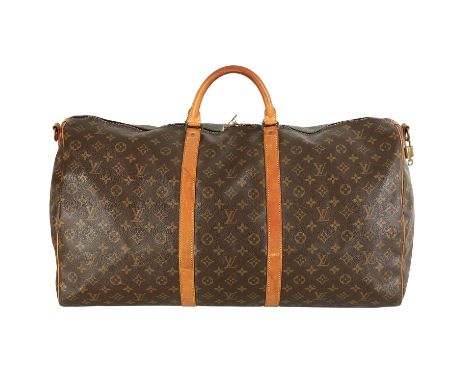 LOUIS VUITTON VINTAGE Weekender "KEEPALL 60". Koll. 1990. Monogram Canvas Serie mit naturbelassenem Leder und goldfarbener Ha