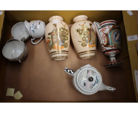 A pair of Satsuma vases and a porcelain tea service, etc 