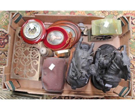 A pair of spelter equestrian figures, an Elliott onyx clock, portrait miniatures, camera etc (parcel)