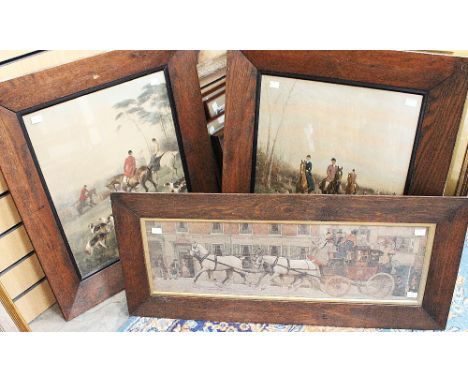 After Cecil Aldin, "The Edinburgh Coach" outside the Bull Hotel, a colour print in an oak frame, together with a pair of colo