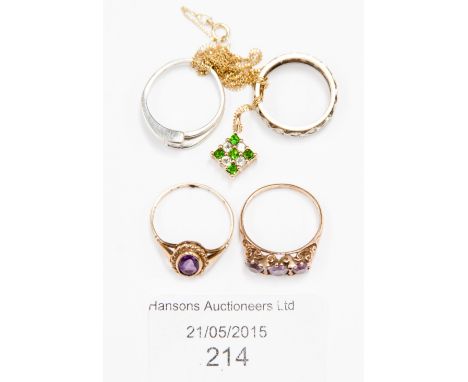 Two amethyst rings, a square pendant, eternity ring and solitaire ring