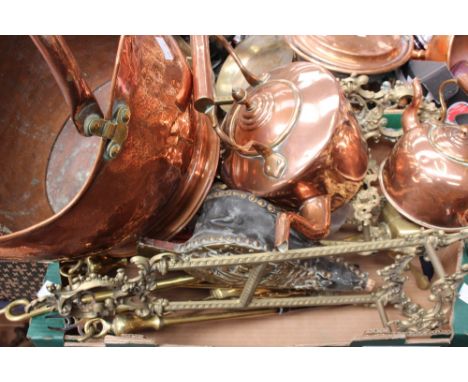 A box of various brassware, including a pair of fire bellows, camel ornaments, brass stands, a copper coal scuttle, a copper 