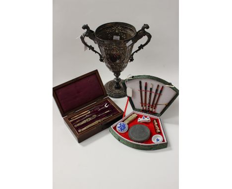 A cased rosewood compass set; together with a Chinese brush set and a plated twin handled vase (3) 