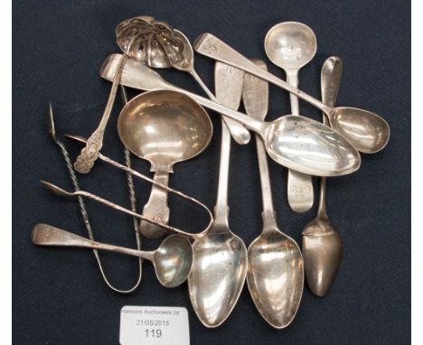 Georgian silver teaspoons, caddy spoon (probably 1821) and sugar nips, dredger spoon and salt spoon (Victorian) 