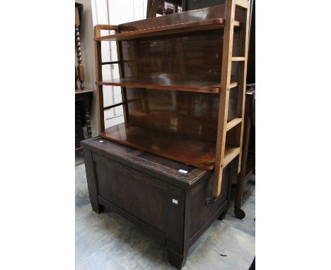 A three tier walnut book shelf together with a blanket box. (2)