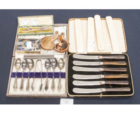 Collection including boxed pipe, spoons, knives, enamel page minder, 3 broaches, 4 ivory teethers