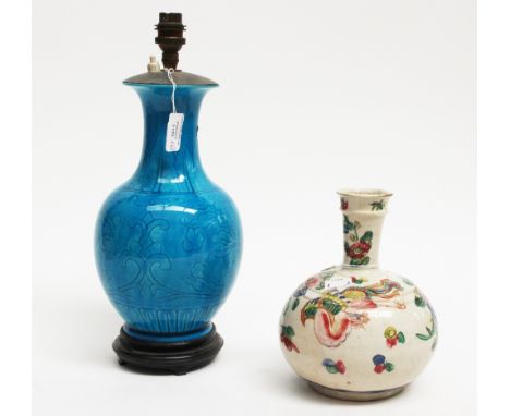 A Chinese incised monochrome vase, baluster form, Qianlong style, converted to a lamp base, blue turquoise glaze over incised