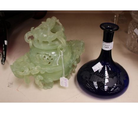 A Jade twin handled pot pourri and cover, scroll handles, lug rings to finial cover; together with an early 19th Century Bris