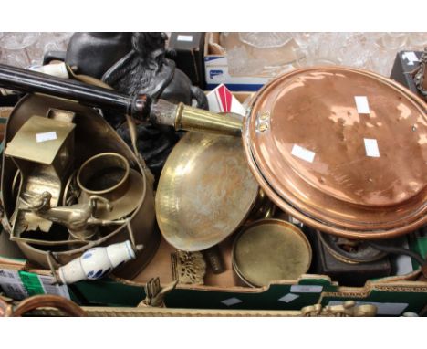 A box of metalwares, including copper warming pan, coffee grinder, etc 