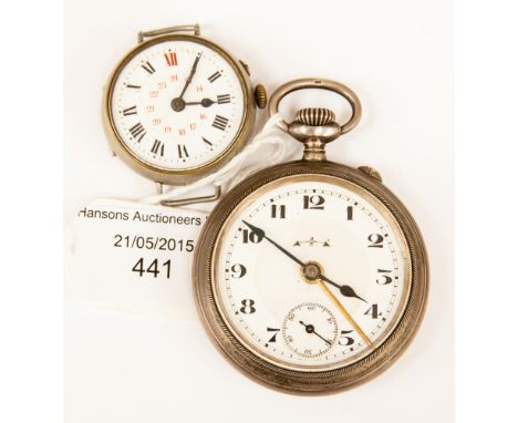 A Continental silver .800 pocket watch with enamel dial and secondary dial; together with a ladies circa 1912 wristwatch (2) 