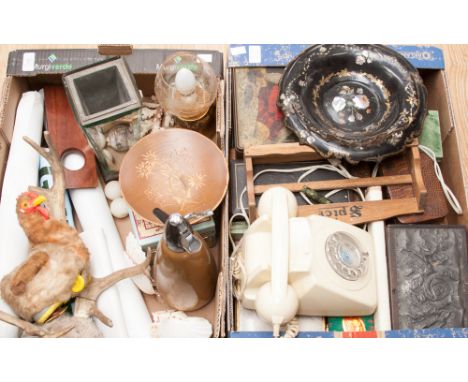 Two boxes of collectables, including cream spin-dial telephone, various boxes, tins, chess set, papier mache basket, ping-pon