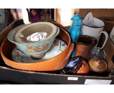 A collection of ceramics including Leach Muchelney studio pottery, Chinese glazed dragons, brass chestnut roasters, Continent