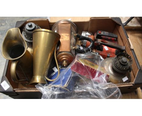 Two brass jugs (JS and S) two vintage torches, tankard 'Laundwell' iron, oil lamp base, Victorian cast iron pulley (D3) with 