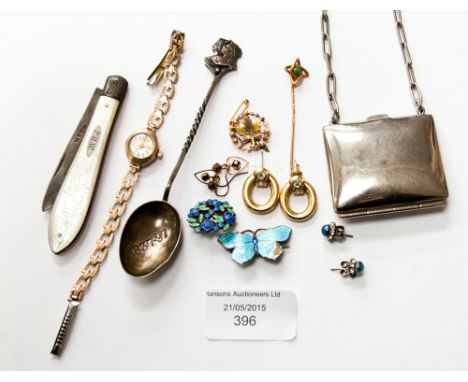 A gold stick-pin set turquoise Lady's wristwatch, white metal purse on chain, spoon etc