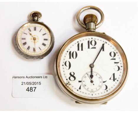 A ladies pocket watch late 19th/early 20th Century silver .935 enamel dial with gold detailing; together with a large pocket 