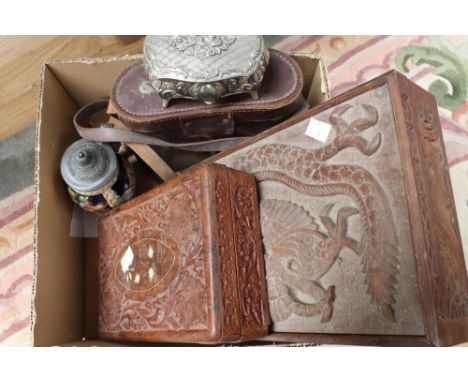 A carved Oriental box with key, together with cased binoculars, trinket box, etc
