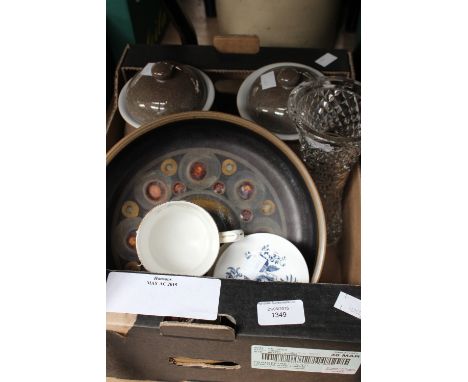 A Derbyshire bowl and storage jars, Royal Worcester coasters and egg coddler; together with a cut glass vase and a Foley chin