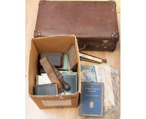 A vintage leather suitcase, box of ephemera including newspapers regarding death of George V and a music stand and an Enid Bl