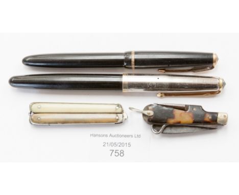 A Conway 67 with 14ct gold nib; a Parker Slimfold pen, 14ct gold nib, Victorian/Edwardian tortoiseshell case small 'Army' sty