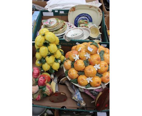 Two boxes of various China, including Capodimonte lemon tree ornament, an orange tree ornament and another, together with a b