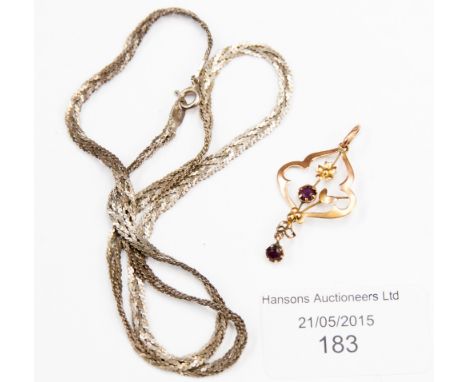 An Art Nouveau 9ct gold and amethyst pendant; together with an Italian silver lattice necklace (2) 