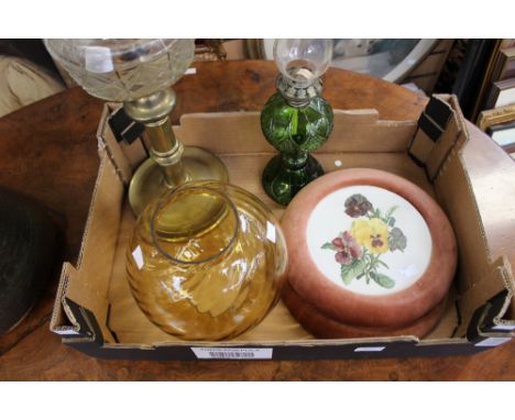 A late Victorian brass base oil lamp, with chimney and spherical amber coloured glass shade, another smaller oil lamp and a p