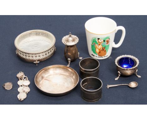 A silver pepperette, mustard pot and spoon, silver sixpence bracelet and ring, Walker and Hall silver butter dish, hallmarked