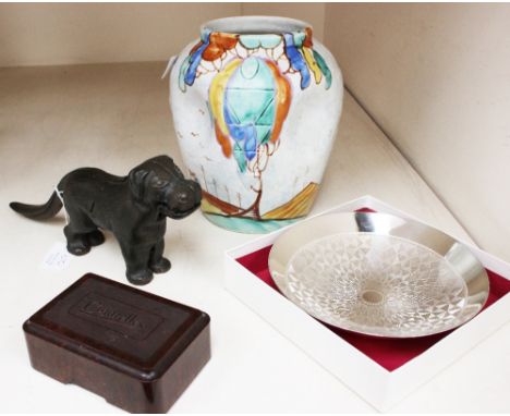 An Art Deco Beswick vase, a dog nutcracker, a Bakelite playing card box and cards, etc (4) 