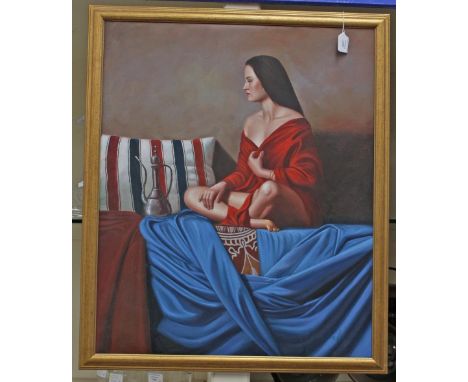 Jack Ireland, portrait of a woman with coffee pot, oil on canvas 65cm x 50cm
