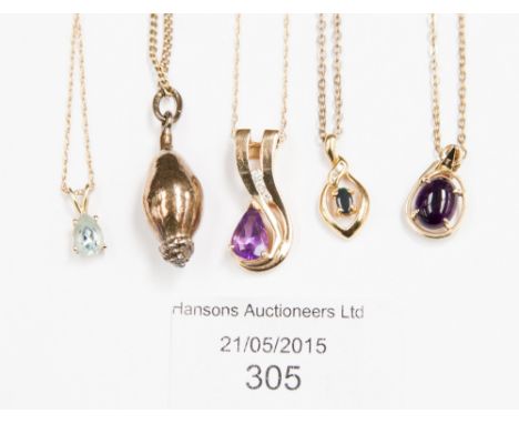 Two 14k gold pendants, set amethyst and three other pendants on fine chains 
