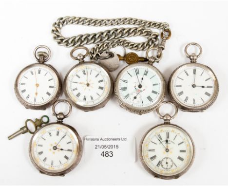 A collection of six ladies, silver pocket watches, chased and engraved cases, various enamel dials, etc, with silver fob and 