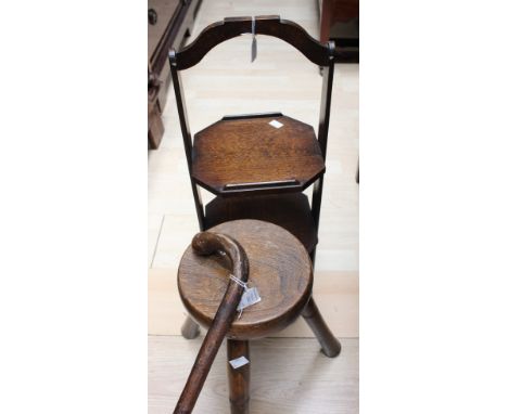 A late 19th/early 20th Century milking stool, 1930s cake stand - oak and walking stick (3) 