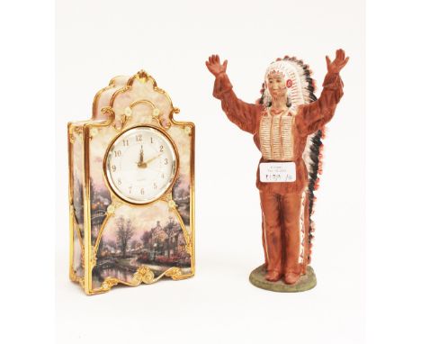 A framed jigsaw puzzle (Indian) Indian figurine and a ceramic cased quartz clock (3) 