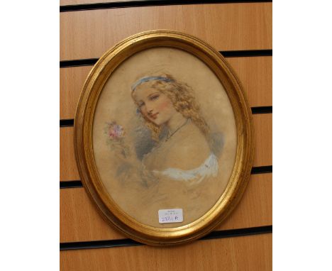 HOBSON, HENRY. E (FL.1857-1866), oval portrait of a beautiful young lady holding flowers, watercolour heightened, signed fram